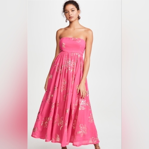 Free People Dresses & Skirts - Free People Dress Baja Babe Midi Pink Metallic Floral Strapless Back Tie M